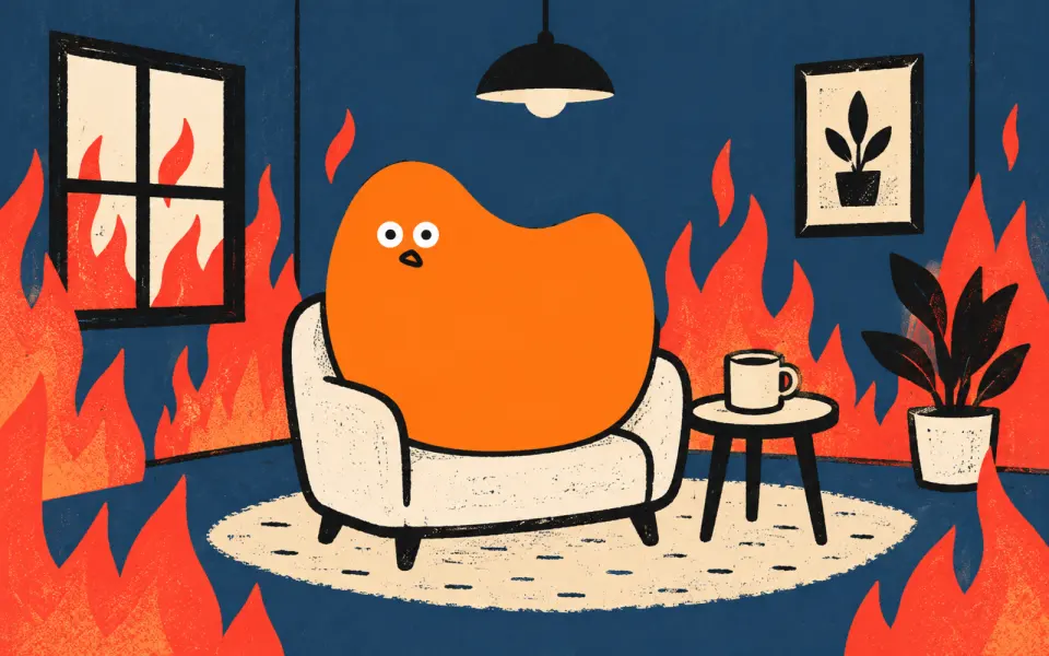The UCHU mascot sits calmly in a burning room, pretending everything is fine